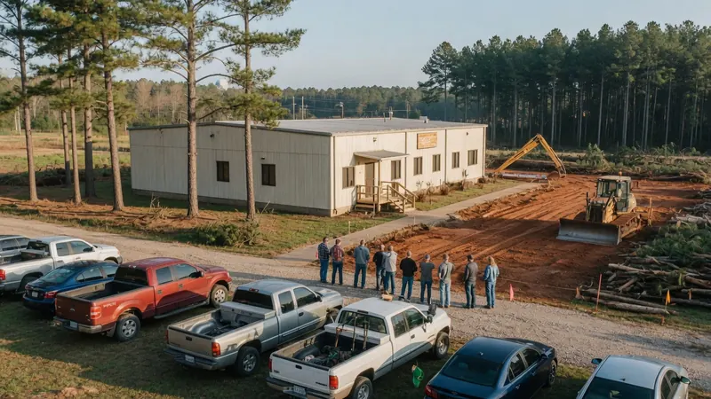A group of people stands on a gravel lot near parked pickup trucks.