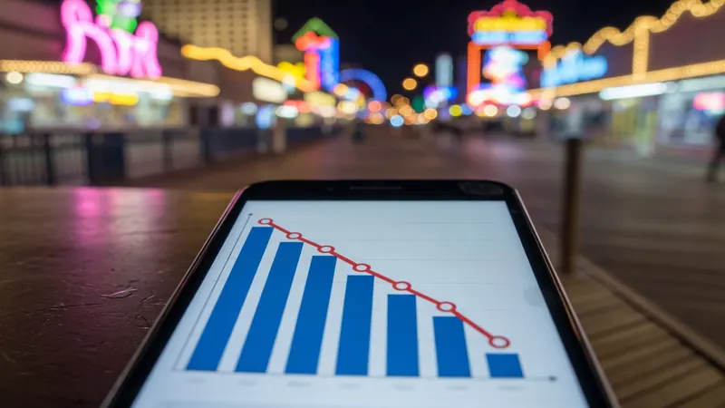 A smartphone in the foreground displays a declining bar.